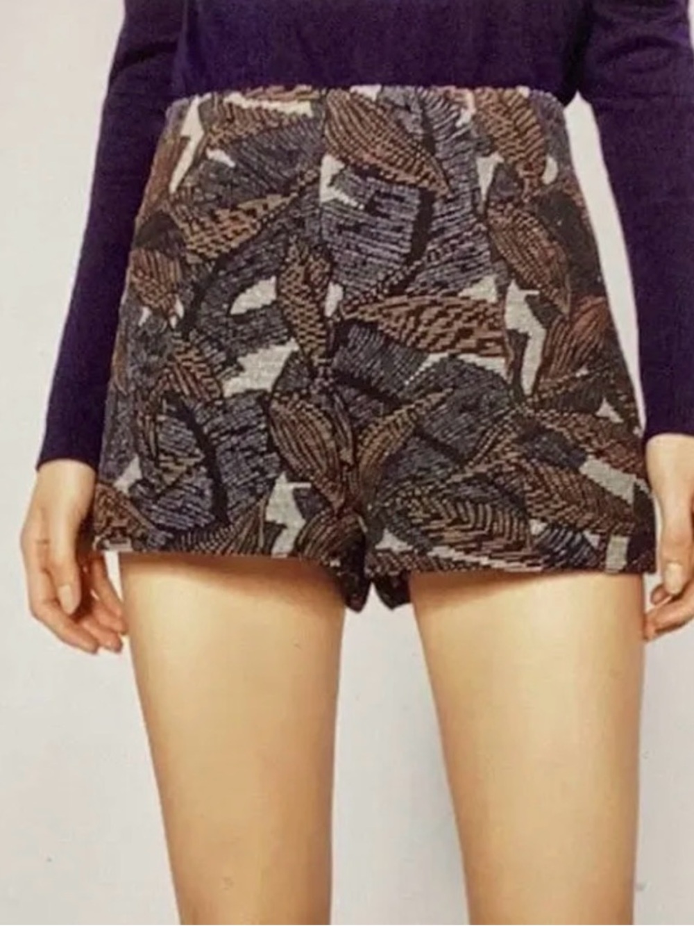 Zara Trafaluc Women’s Medium High Waisted Shorts Leaf Print Brown Black Casual